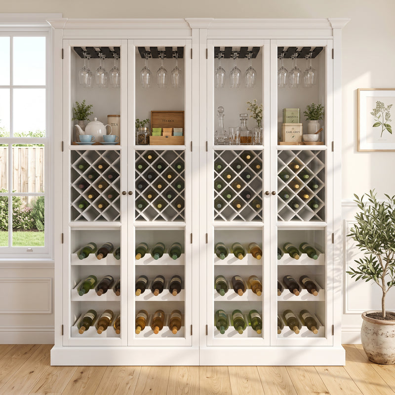 Hamptons Glass Door Display Wine Bar & Drink Cabinet with Storage, Lattice Wine Rack,Glass Holders & Bottle Trays 110cm Wide