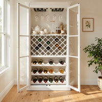 Hamptons Glass Door Display Wine Bar & Drink Cabinet with Storage, Lattice Wine Rack,Glass Holders & Bottle Trays 110cm Wide