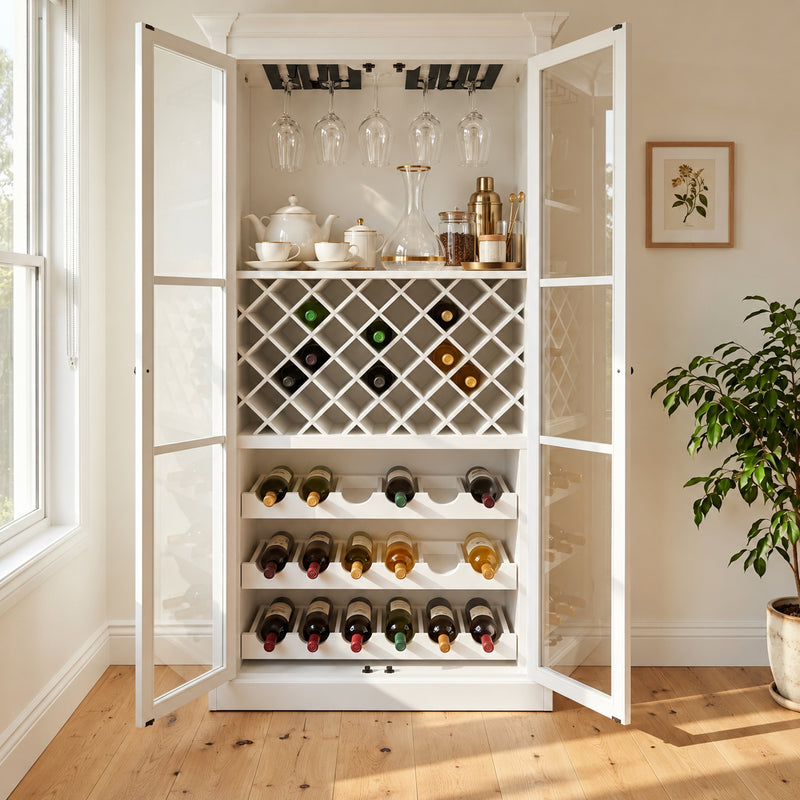 Hamptons Glass Door Display Wine Bar & Drink Cabinet with Storage, Lattice Wine Rack,Glass Holders & Bottle Trays 110cm Wide