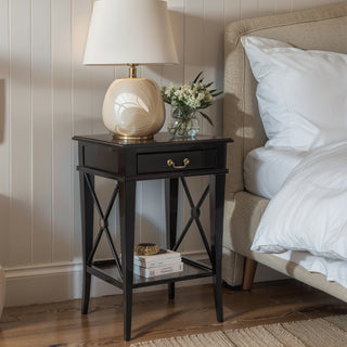 Hamptons Coastal Cross Side Curvy leg Bedside Lamp Table with Drawer White/Black