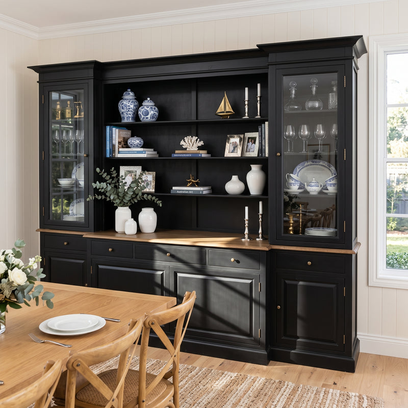 Hamptons Sorrento Buffet Sideboard Glass Hutch Open Bookcase
