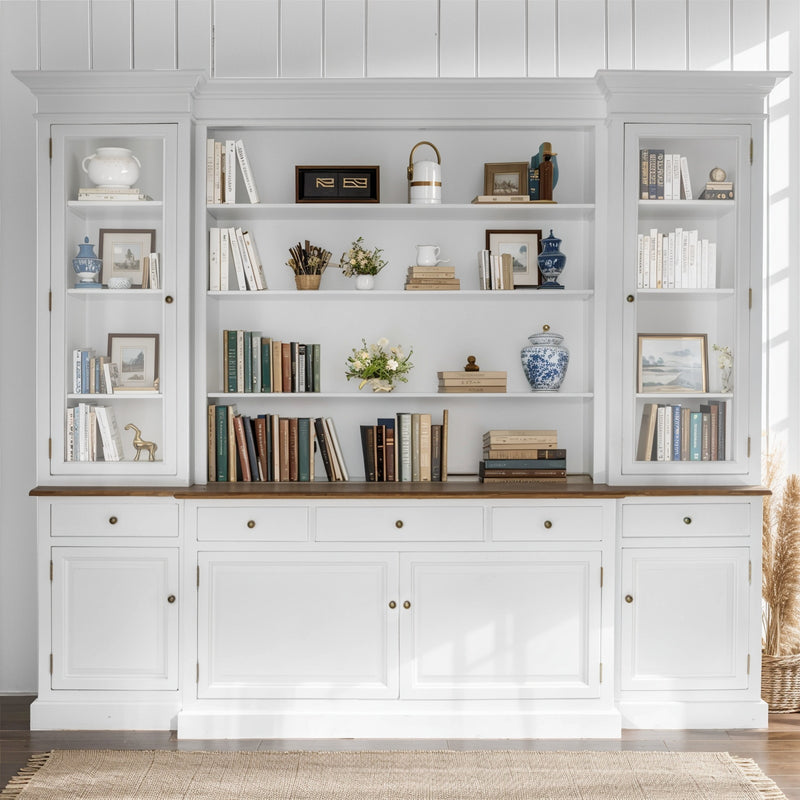 Hamptons Sorrento Buffet Sideboard Glass Hutch Open Bookcase