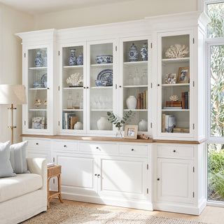 Hamptons Buffet & Hutch Glass Door Library Bookcase/ Display Cupboard with Oak Timber Top