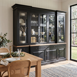 Hamptons Buffet & Hutch Glass Door Library Bookcase/ Display Cupboard with Oak Timber Top