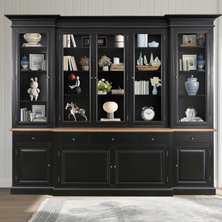 Hamptons Buffet & Hutch Glass Door Library Bookcase/ Display Cupboard with Oak Timber Top (Black/White)