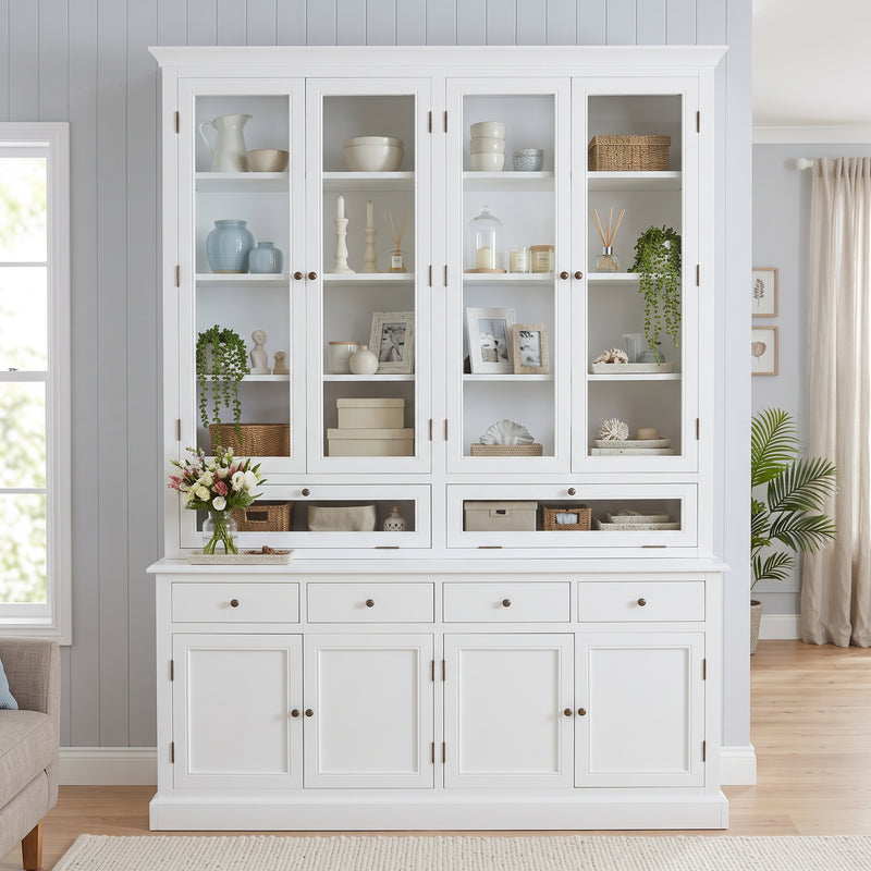 Hamptons Halifax 3 Glass Door Hutch Display Buffet Cabinet Bookcase Cupboard