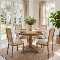French Provincial farmhouse solid timber extendable round dining table 140–180cm in natural wood with decorative pedestal base.
