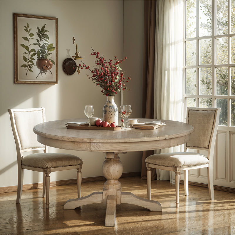 French Provincial Farmhouse 140-180cm Pedestal Extendable Round Dining Table Elm wood