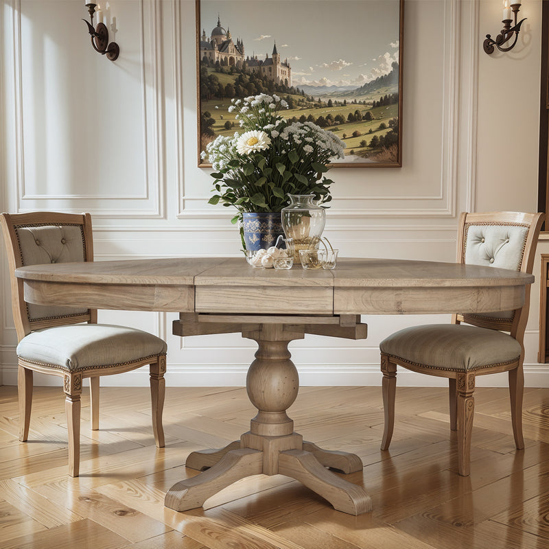French Provincial Farmhouse 140-180cm Pedestal Extendable Round Dining Table Elm wood