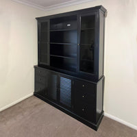 Hamptons Louvre Glass Display Cabinet with Open Bookcase and Buffet