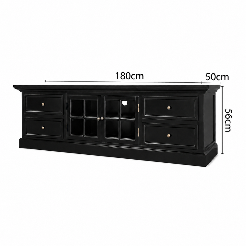 Hamptons Halifax TV Entertainment Unit with 4 Drawers Glass Doors Storage 180cm