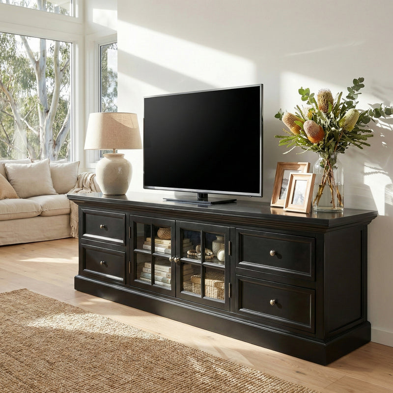Hamptons Halifax TV Entertainment Unit with 4 Drawers Glass Doors Storage 180cm