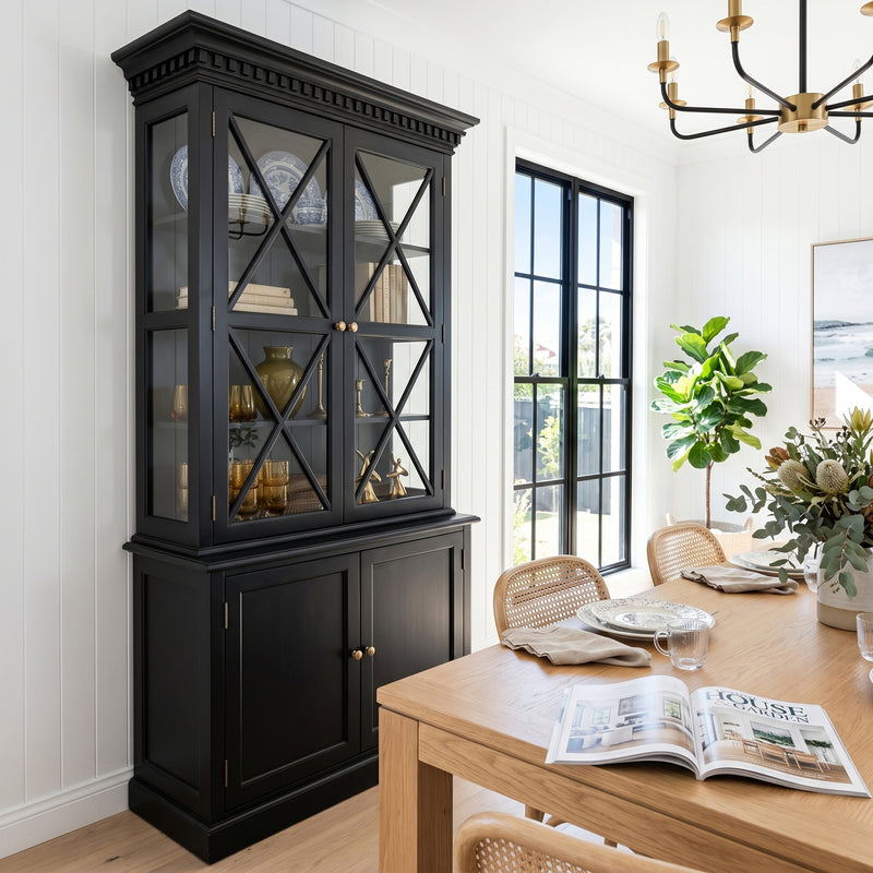 Hamptons Halifax Criss Cross Glass Door Display Hutch and Buffet Cabinet Bookcase