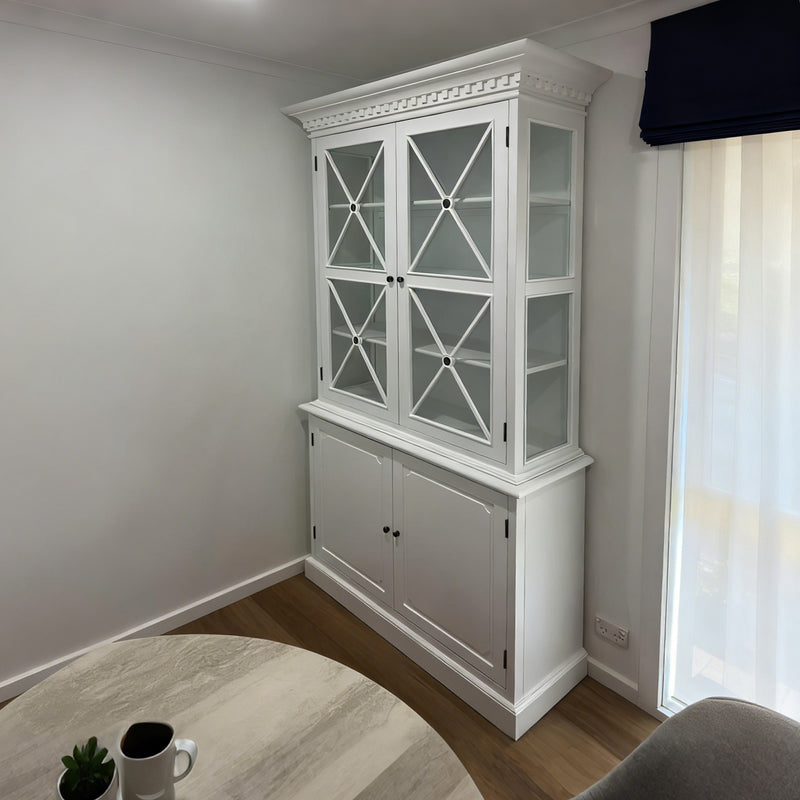 Hamptons Halifax Criss Cross Glass Door Display Hutch and Buffet Cabinet Bookcase
