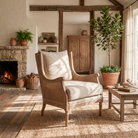 French Provincial Louis Havana Linen and Rattan Wingback Armchair