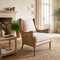 French Provincial Louis Havana Linen and Rattan Wingback Armchair