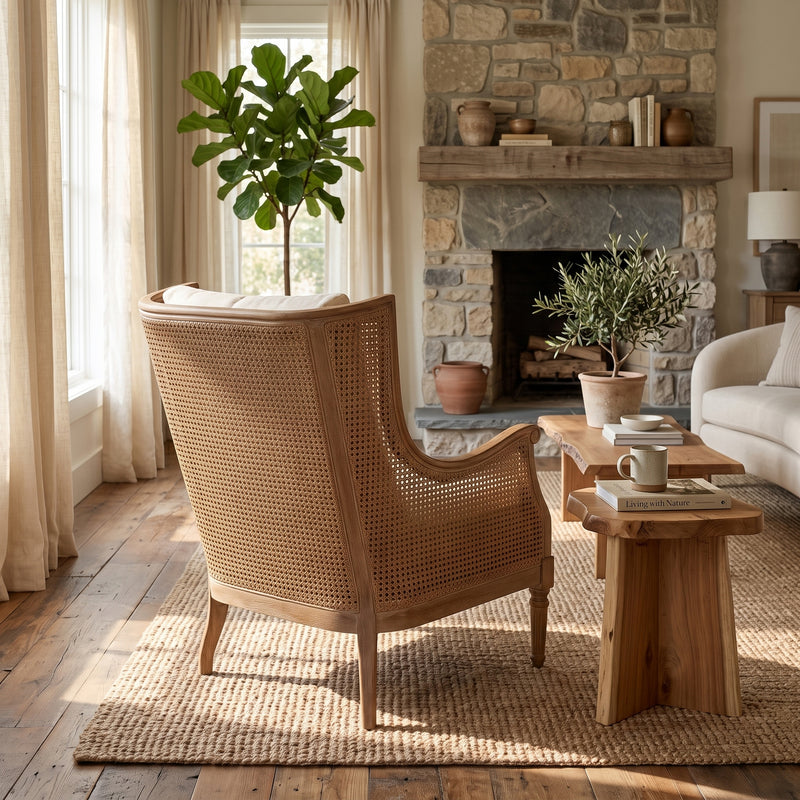 French Provincial Louis Havana Linen and Rattan Wingback Armchair