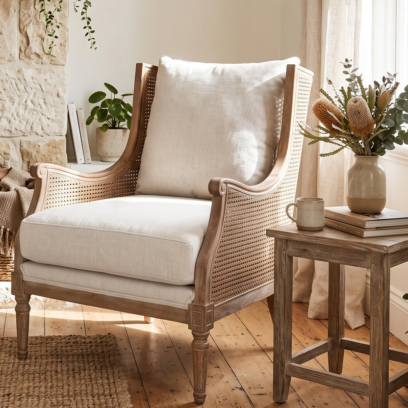 French Provincial Louis Havana Linen and Rattan Wingback Armchair