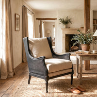 French Provincial Louis Havana Linen and Rattan Wingback Armchair