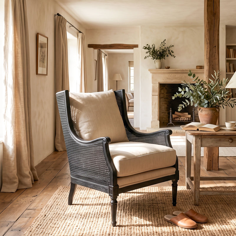 French Provincial Louis Havana Linen and Rattan Wingback Armchair