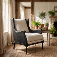 French Provincial Louis Havana Linen and Rattan Wingback Armchair
