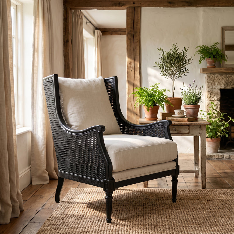 French Provincial Louis Havana Linen and Rattan Wingback Armchair