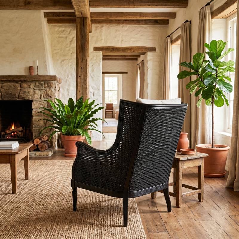 French Provincial Louis Havana Linen and Rattan Wingback Armchair