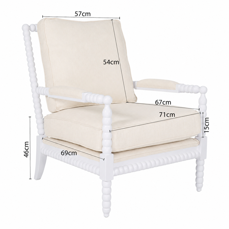 Hamptons Coastal Solid Timber Bobbin Linen Armchair with Removable Cushions