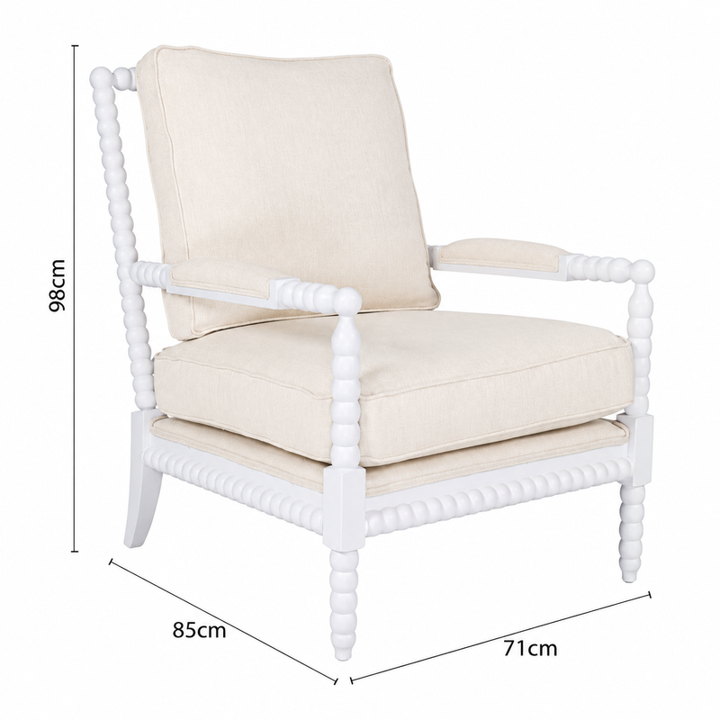 Hamptons Coastal Solid Timber Bobbin Linen Armchair with Removable Cushions