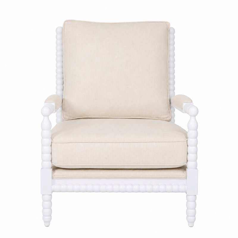 Hamptons Coastal Solid Timber Bobbin Linen Armchair with Removable Cushions
