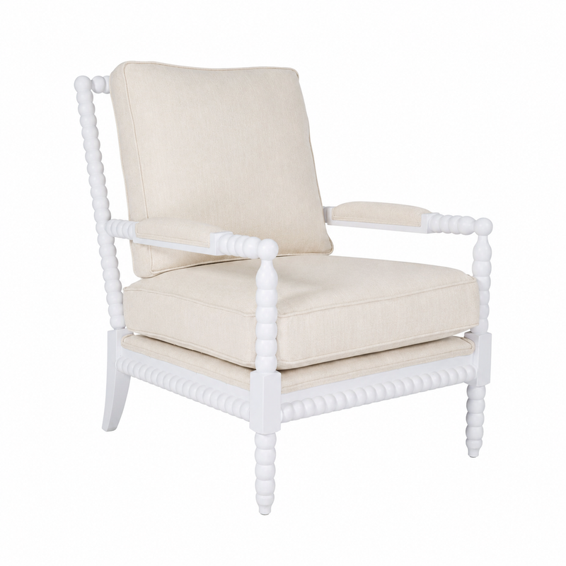 Hamptons Coastal Solid Timber Bobbin Linen Armchair with Removable Cushions