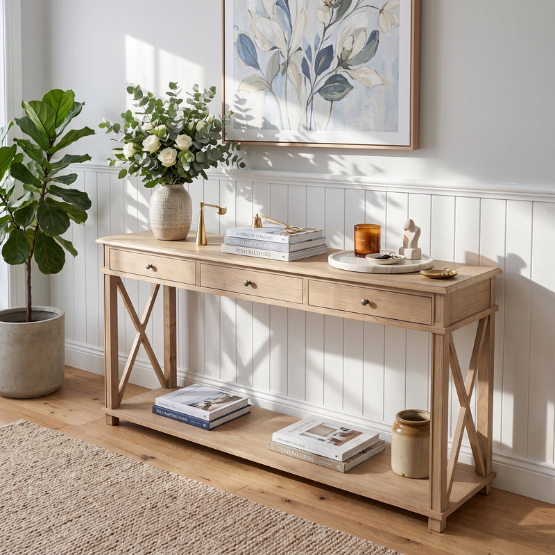 Hamptons Halifax Side Cross 3 Drawer Console Hall Table
