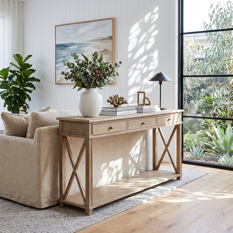 Hamptons Halifax Side Cross 3 Drawer Console Hall Table
