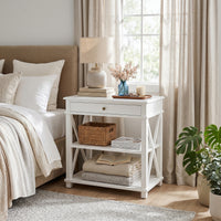 Hamptons Coastal Cross 1 Drawer Bedside Table with Shelf