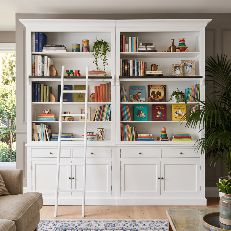 Hamptons Halifax Open Extendable Bookcase with Ladder 250-368cm