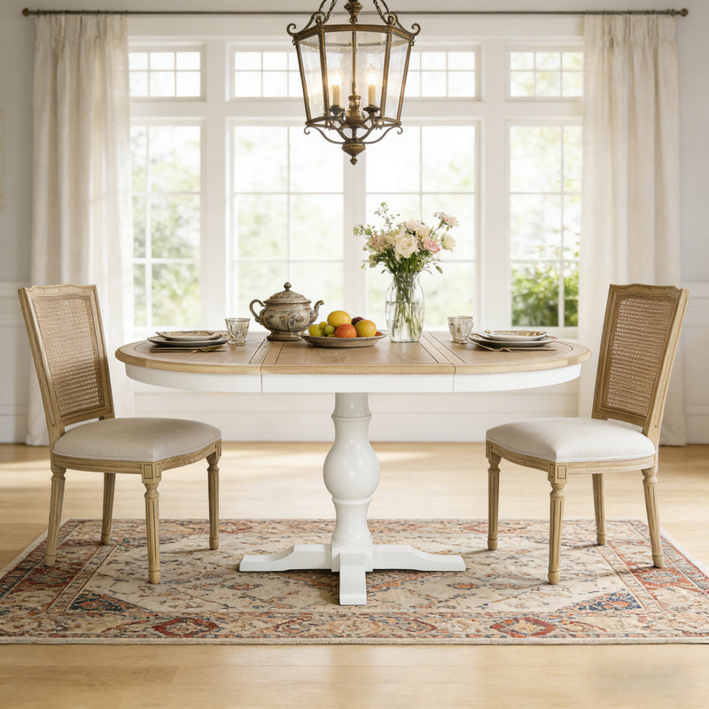 Hamptons Extendable/French Provincial Pedestal Round 100-150cm Extendable Dining Table NATURAL ASH