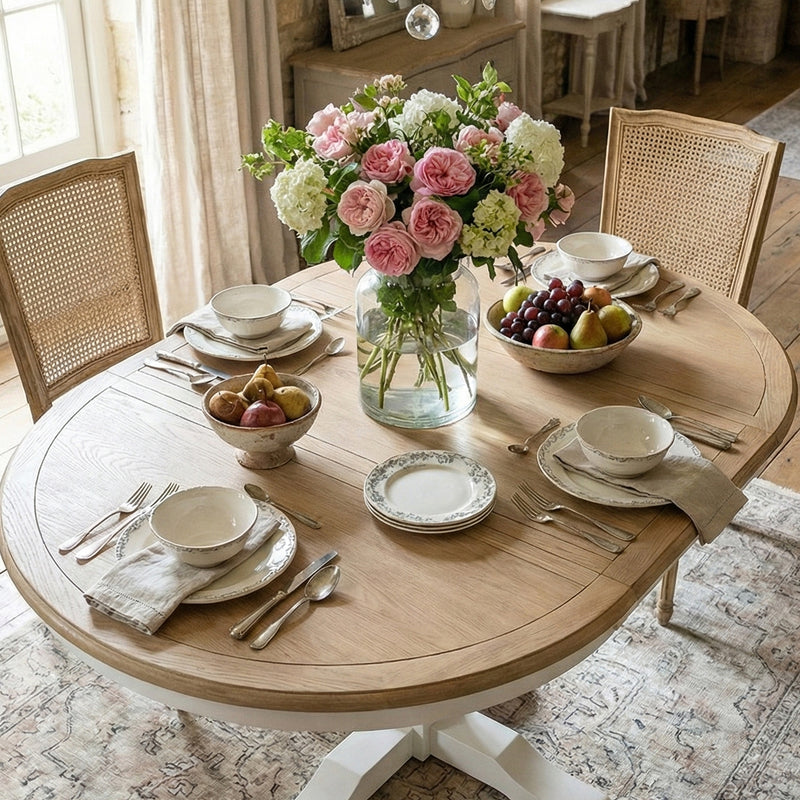 Hamptons Extendable/French Provincial Pedestal Round 100-150cm Extendable Dining Table NATURAL ASH