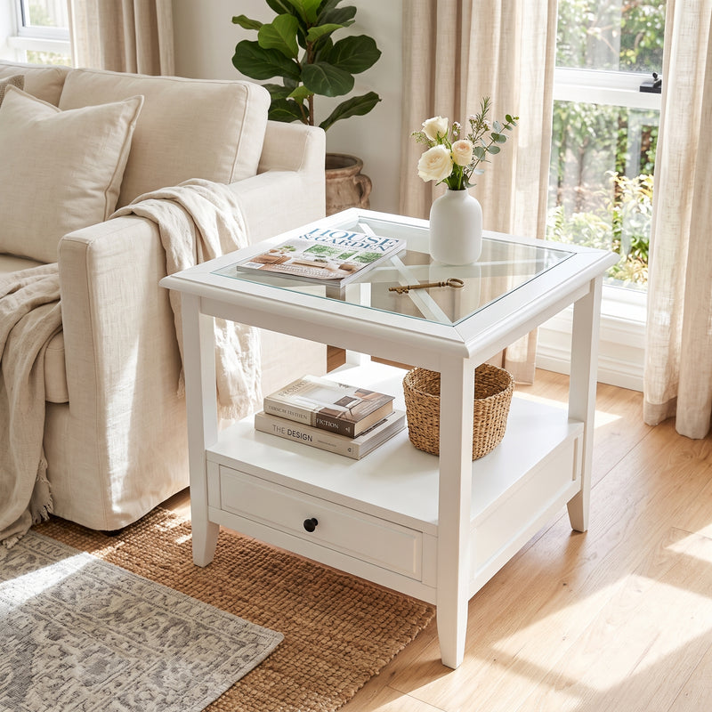 Hamptons Coastal 1 Drawer Glass Cross Side Table