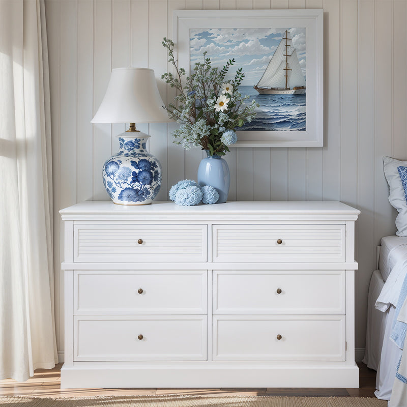 Hamptons Coastal Seaside 6 Drawer Chest Tallboy Cabinet