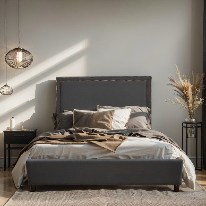 Contemporary Modern Maddy Upholstered Studded Square King Bed Frame