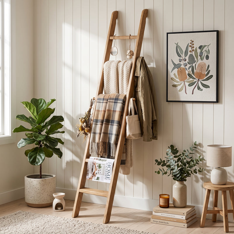Hamptons Classic Display Throws Or Decorative Blanket Hanger/Bookcase Ladder in White /Black /Natural