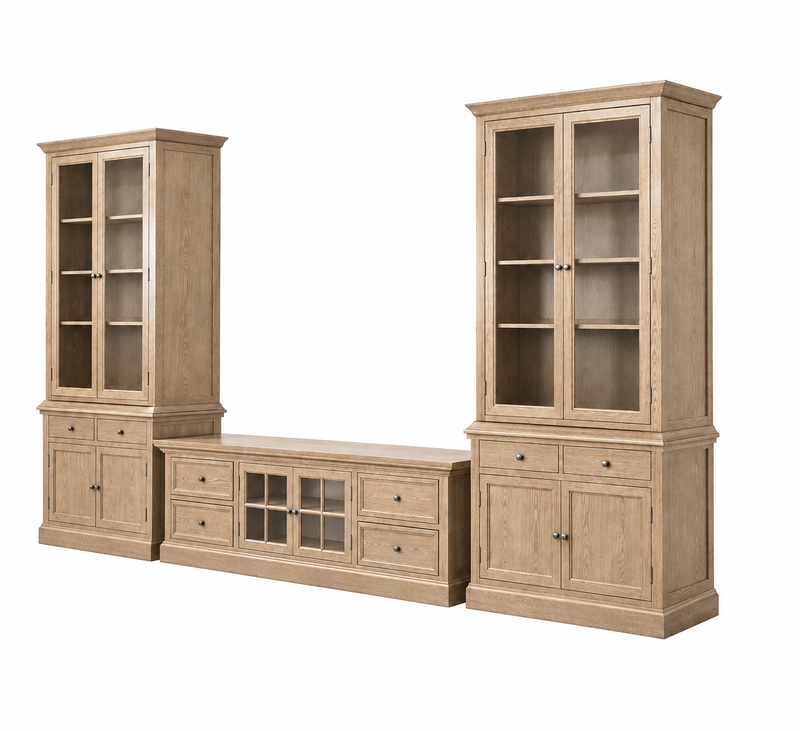 Hamptons Halifax Estate Collection: 3-Piece Hamptons Living Room Suite - 180cm TV Unit & Twin Glass Cabinet Towers