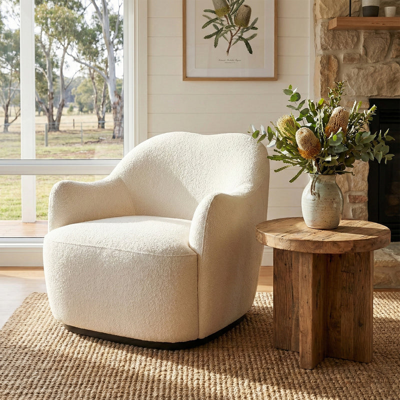 Contemporary Bouclé Swivel Accent Armchair – Cozy Deep Seat Curved
