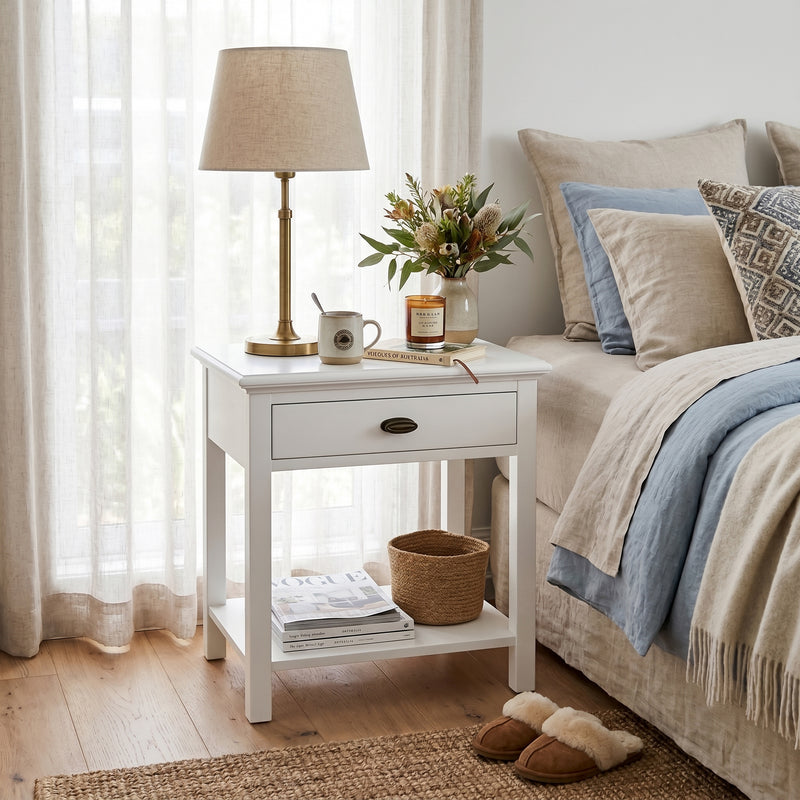 Hamptons Coastal Bedside Table with Magazine Tray