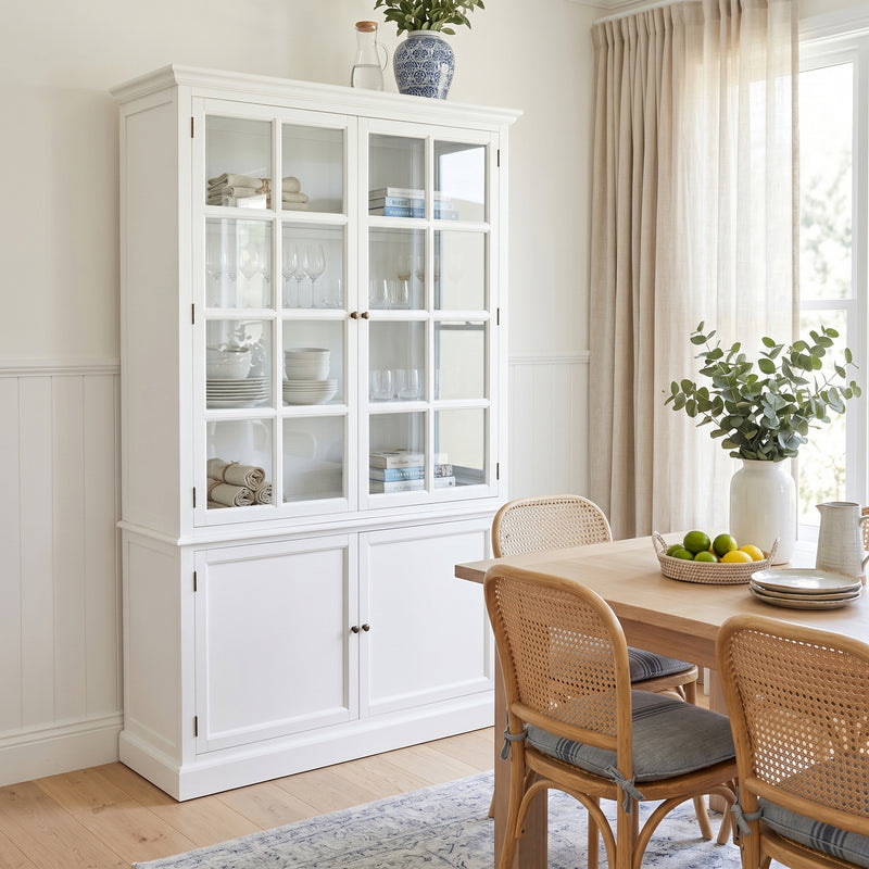 Hamptons Coastal Hutch Glass Display Cabinet Bookcase and Buffet Cupboard