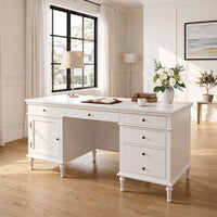 New England Hamptons Executive Desk with Dentil Moulding & Turned Legs – 6 Drawer 1 cupboard Pedestal Study Desk