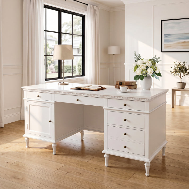 New England Hamptons Executive Desk with Dentil Moulding & Turned Legs – 6 Drawer 1 cupboard Pedestal Study Desk