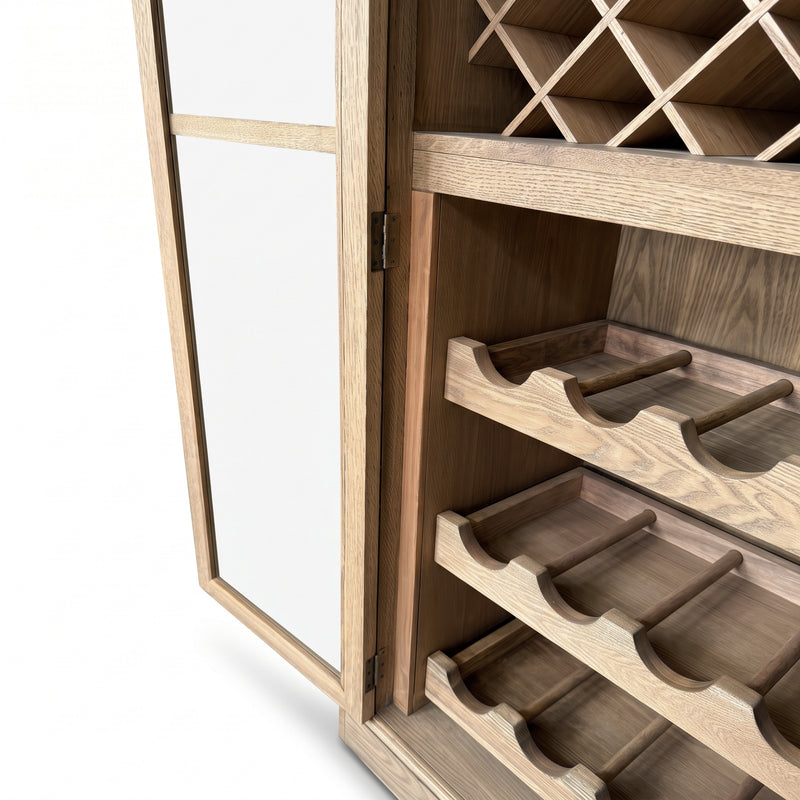 Hamptons Glass Door Display Wine Bar & Drink Cabinet with Storage, Lattice Wine Rack,Glass Holders & Bottle Trays 110cm Wide