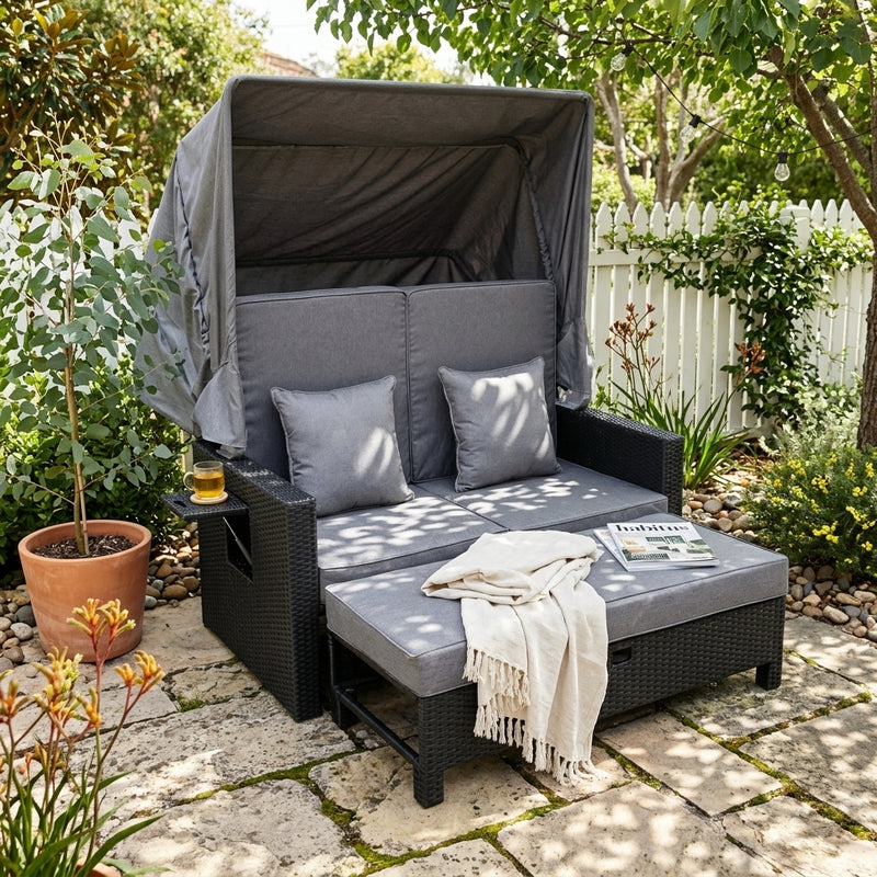 Outdoor Living Fiji Wicker Rattan Canopy Sofa Bed Sun Lounger with cushions
