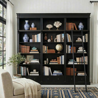 Solid Timber Hamptons Library Bookcase with Ladder — 3 Bay Grand Halifax